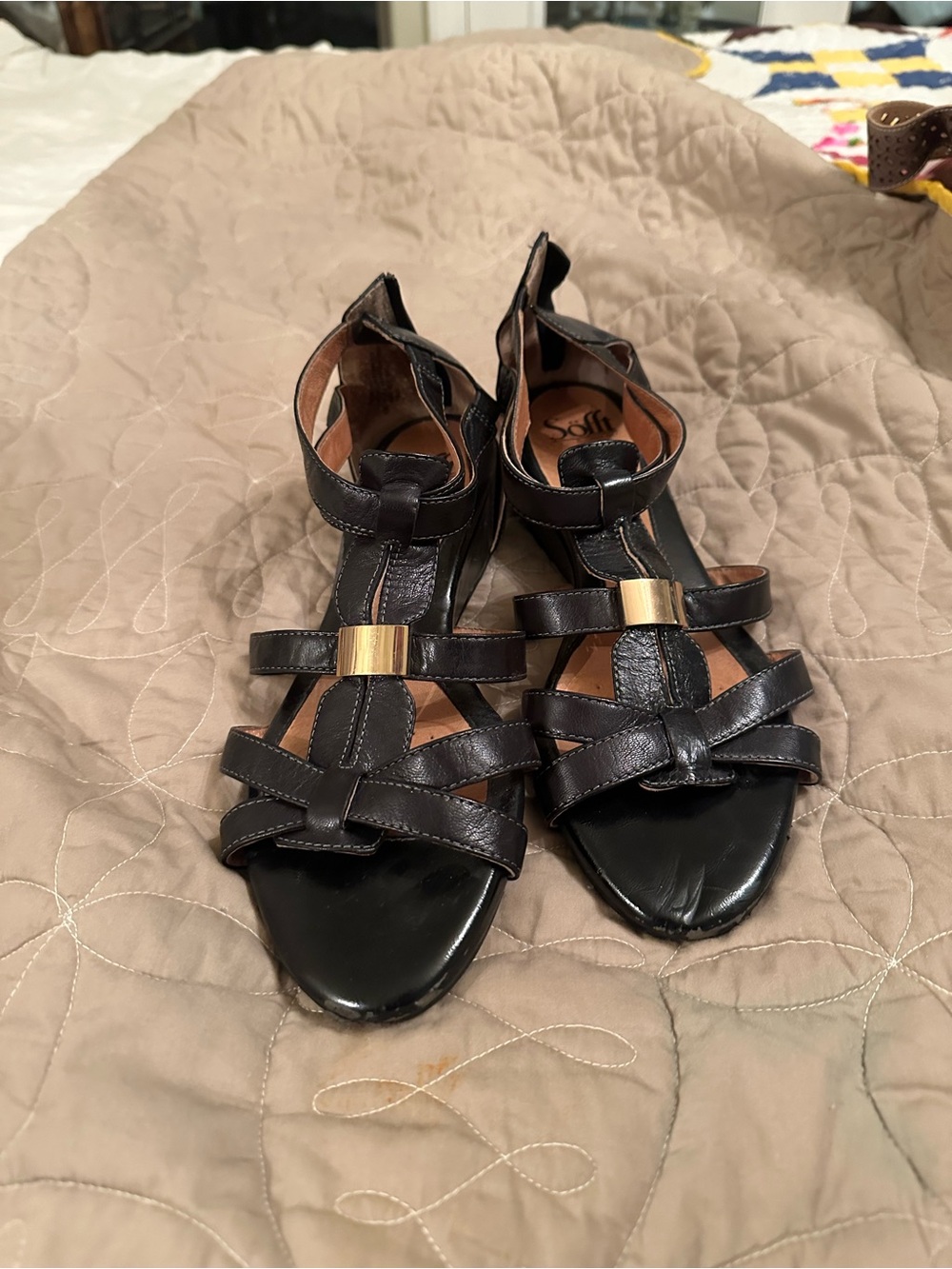 Sofft Black Leather Strappy Sandals with Gold Accent Bar